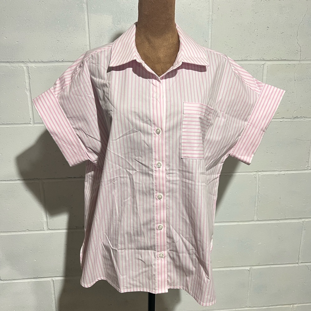 Pink and White Striped Blouse with Flutter Sleeves